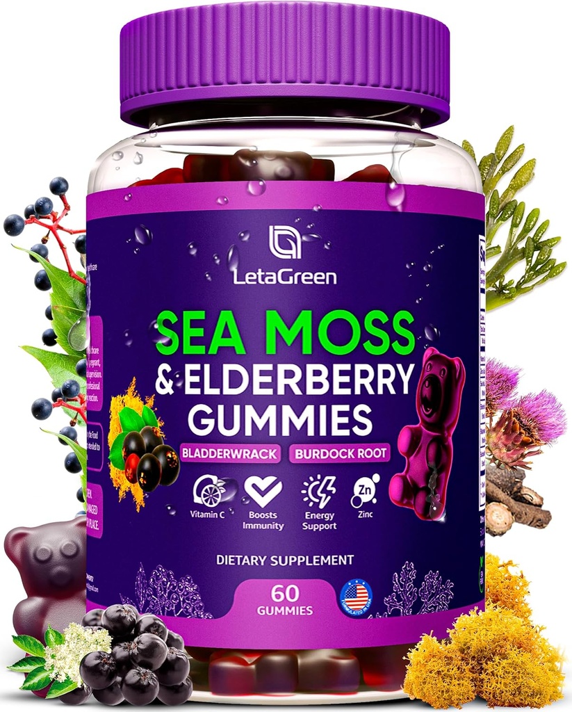 Irish Sea Moss Gummies – Bladderwrack Burdock Root Elderberry Vitamin C & Zinc – 60 Vegan Seamoss Gummy Bears for Adults Kids Men Women – Multimineral Elderberry Vitamins