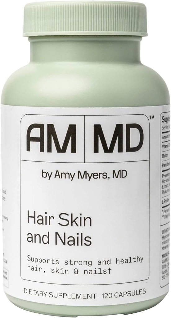 Amy Myers MD Hair Skin and Nails - Supports Strong Hair, Radiant Skin & Healthy Nails - L-Proline, Horsetail, Hyaluronic Acid - Gluten-Free - 120 Capsules (30 Servings)