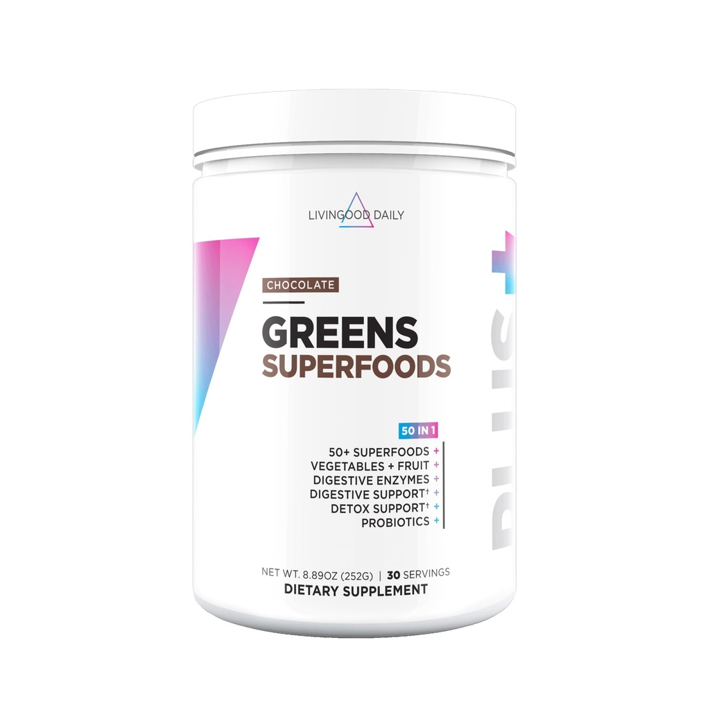 リビングウッドデイリーグリーン&スーパーフードパウダー、Gut Health、Spirulina、Chlorella、Digestive Enzymes、Digestive Support、チョコレート、30サービングのためのプロバイオティクス