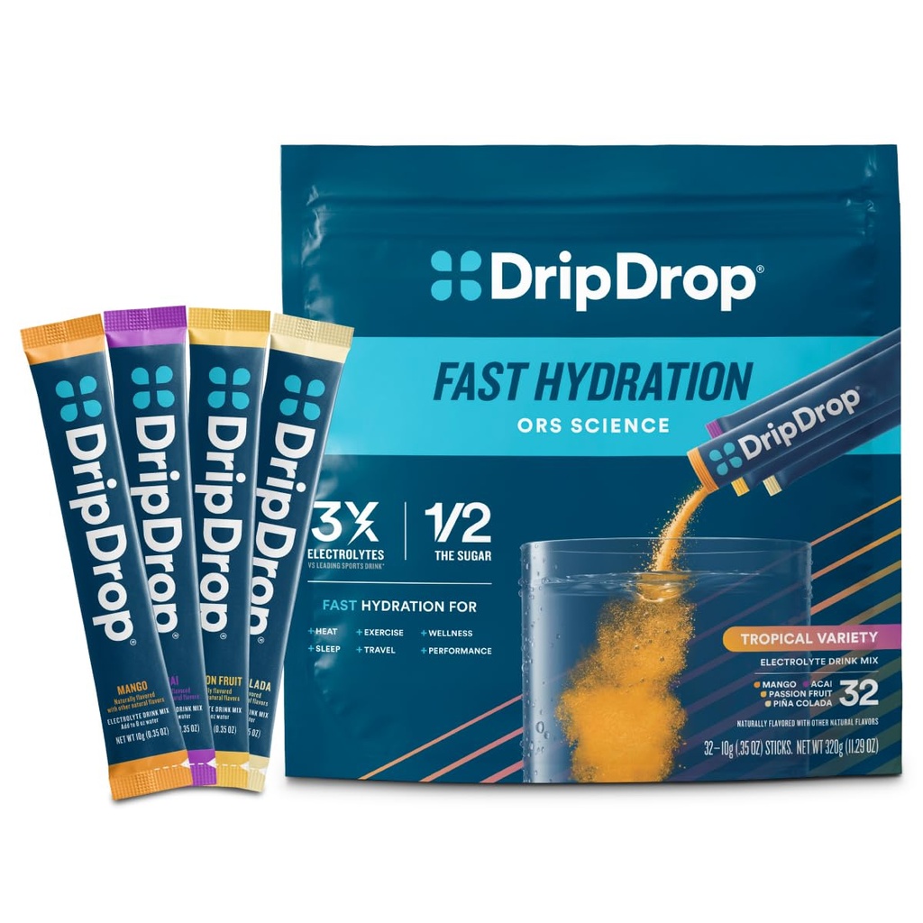 DripDrop Hydration Packets - トロピカルバラエティパック - シングルセルブ電解液パウダードリンクミックス - マンゴー、Açaí、パッションフルーツ、Piña Colada - 非GMO、グルテンフリー、ビーガン - 32スティック