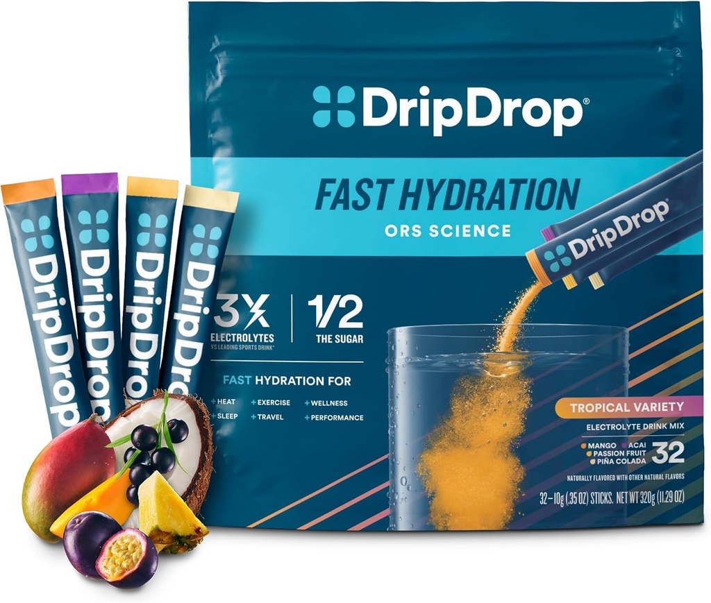 DripDrop Hydration Packets - トロピカルバラエティパック - シングルセルブ電解液パウダードリンクミックス - マンゴー、Açaí、パッションフルーツ、Piña Colada - 非GMO、グルテンフリー、ビーガン - 32スティック