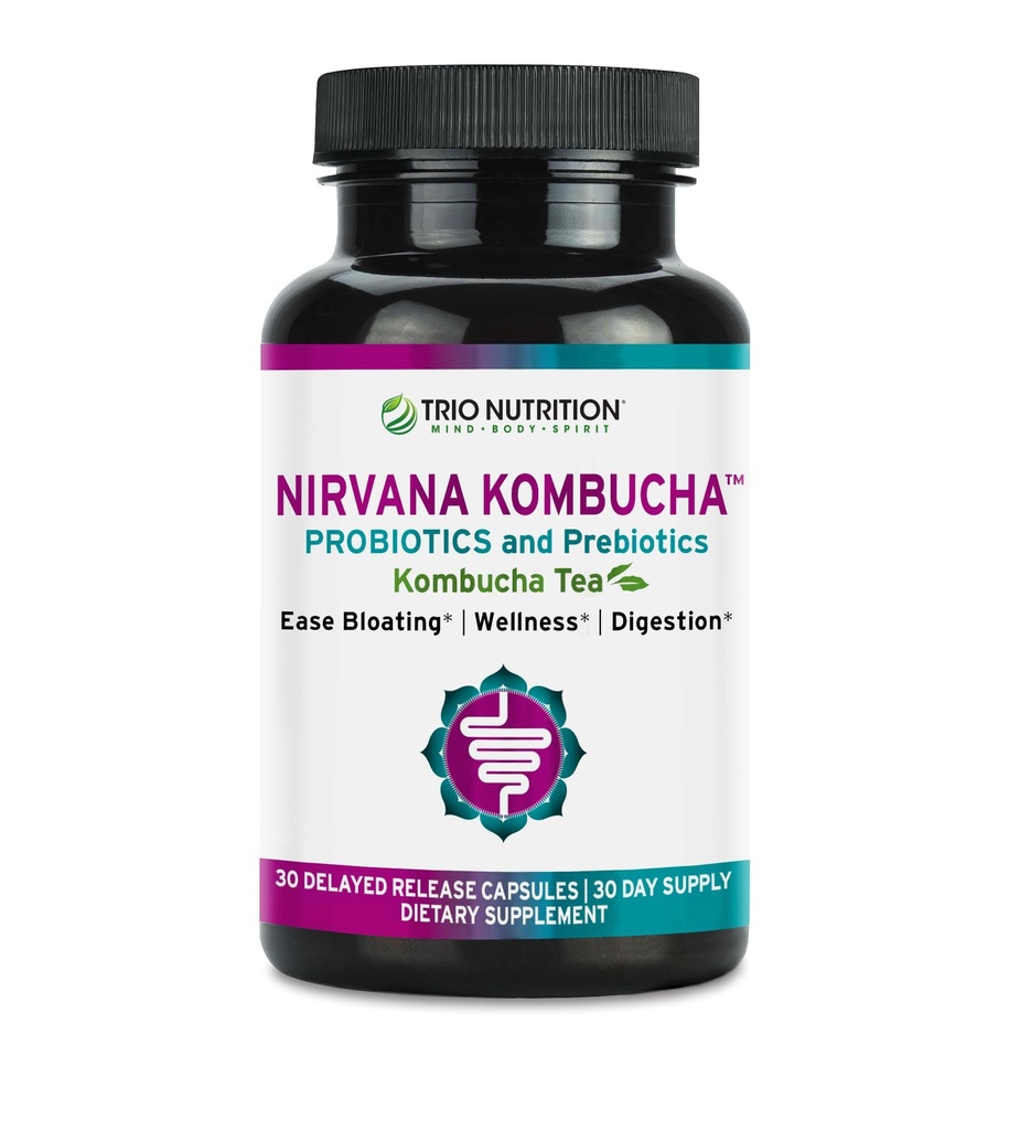TRIO NUTRITION Nirvana Kombucha - 有機茶によるマルチストレインプロバイオティクス&プレバイオティックブレンド - 消化および免疫の健康のための遅延レアーゼカプセル - ブロッキング救済 - 自然pHバランス