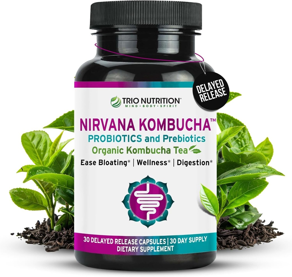 TRIO NUTRITION Nirvana Kombucha - 有機茶によるマルチストレインプロバイオティクス&プレバイオティックブレンド - 消化および免疫の健康のための遅延レアーゼカプセル - ブロッキング救済 - 自然pHバランス