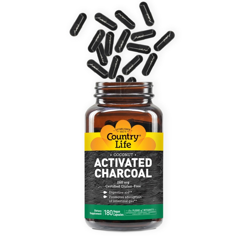 カントリーライフ活性化有機ココナッツチャコールカプセル、260mg - ガスとブロッキング救済のための天然チャコールサプリメント、グルテンフリー、180ビーガンカプセル