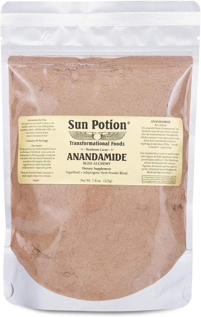 Sun Potionによる有機Anandamide 222g - 未加工Unsweetened Cacaoの粉およびトニックハーブ - Tocos Ashwagandha Reishi Maca Moringa Turmeric Astragalus Cayenne Cinnamonおよび他が含まれています