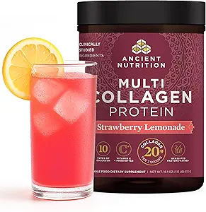 Ancient Nutrition Hydrolyzed Collagen Peptides Powder with Probiotics, Strawberry Lemonade Multi Collagen Protein for Women and Men with Vitamin C, 45 Servings, Supports Skin and Nails, Gut Health, 18