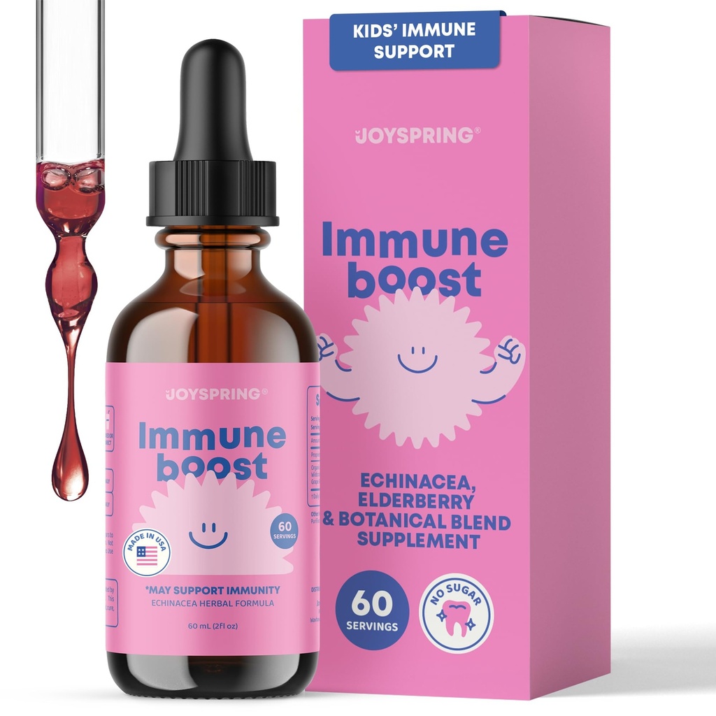 JoySpring免疫低下 - 子供免疫サポート液体サプリメント(2 fl oz) - エキナセア、エルダーベリー、オレゴンブドウルート、オレンジピール、ビタミンA、B6、C - 子供と大人のための自然なサポートシステム