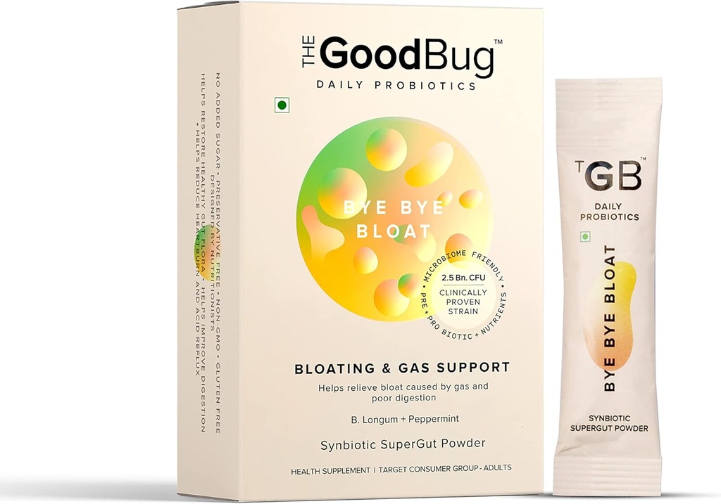 Prebiotic + Probiotic Gut Health Bloating Relief for Men & Women - Helps with Gas, Bloat & Digestive Health - Boost immunity with Peppermint & Inulin, Synbiotic Fiber Powder, 2.5 Bn CFU - 30 Days Pack