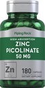 Piping Rock Zinc Picolinate 50mg | 180 Capsules | Non-GMO, Gluten Free Supplement
