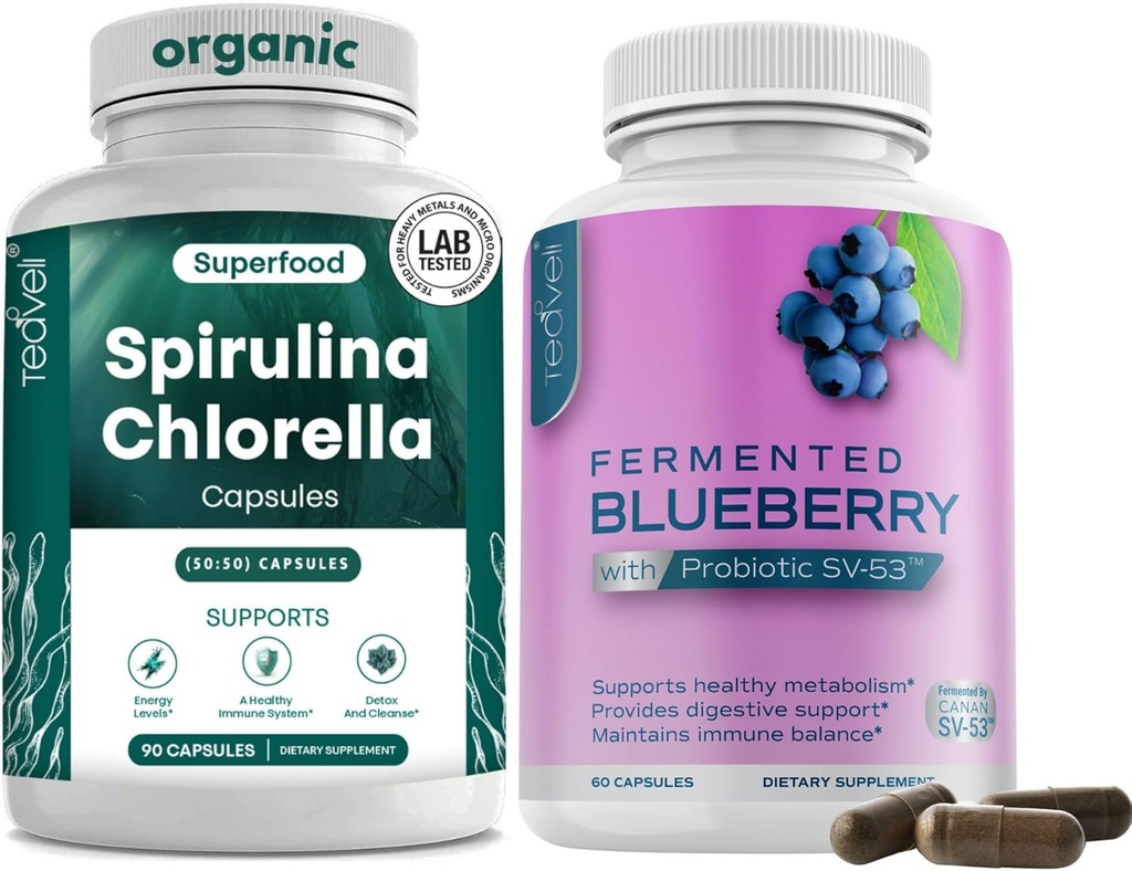 Teaveli Spirulina Chlorella と Blueberry カプセル
