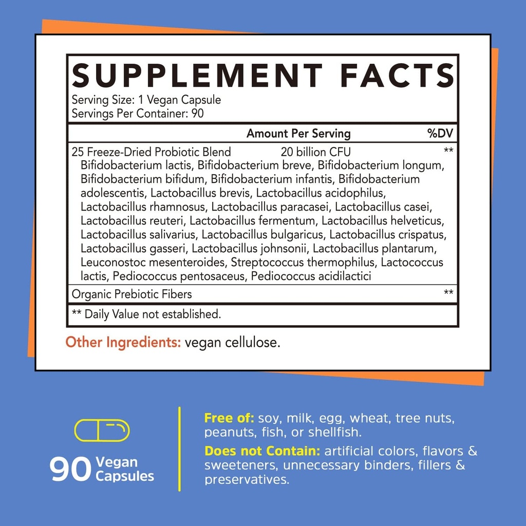 Gutcha Probiotics、男性&女性のための20億、25の緊張+グアット健康のためのプレバイオティック繊維、免疫サポート、消化管サポート、凍結乾燥、遅延回復、棚安定、90ビーガンキャップ