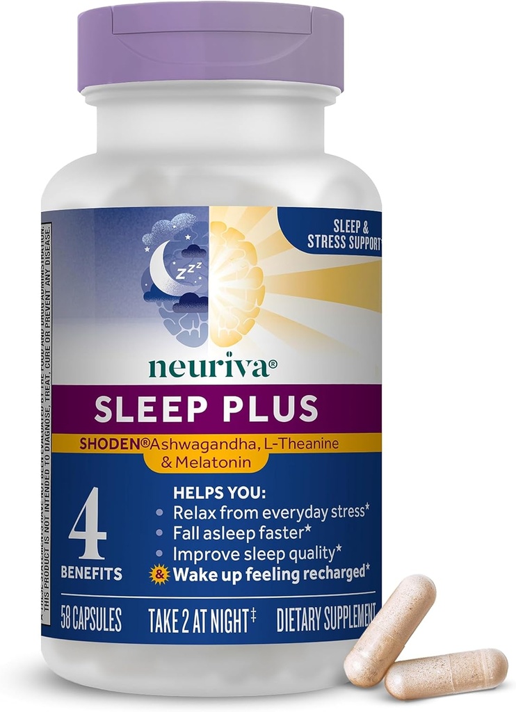 NEURIVA 睡眠プラス 4in-1 利点 - 臨床的にテストされた Ashwagandha、L-Theanine & Melatonin - ストレス、落下眠りのより速く、睡眠の質を改善して下さい、改善された*、58ct カプセルを始動させました