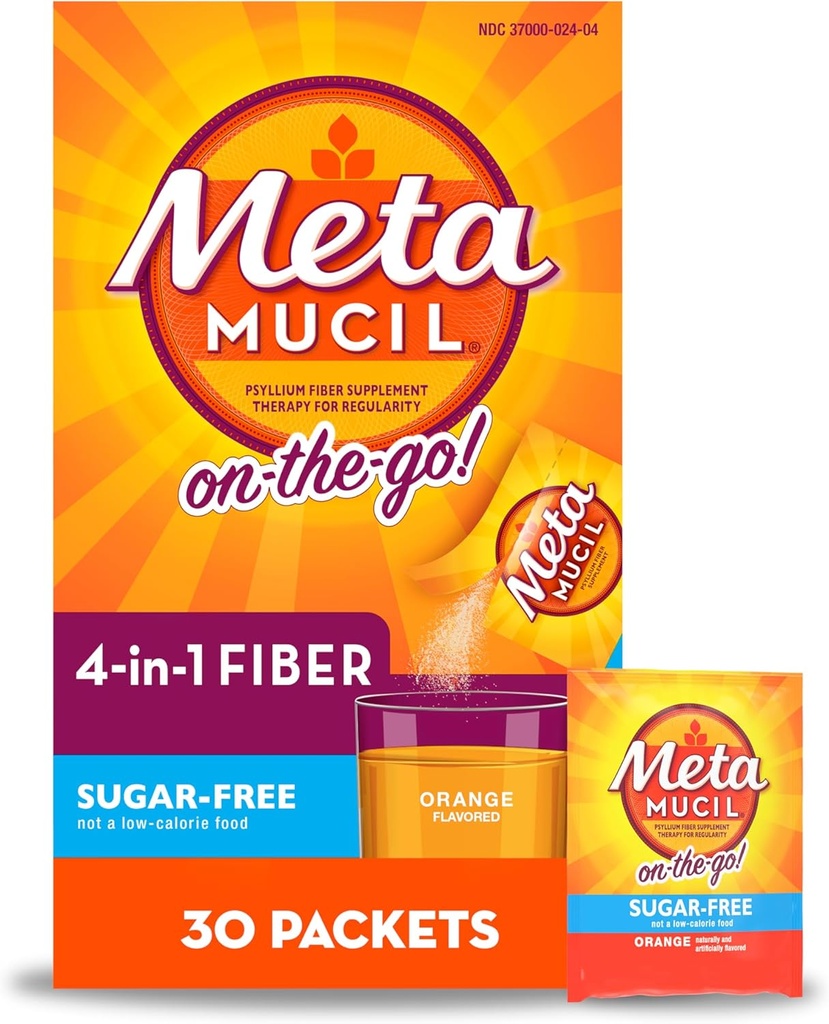 Metamucil On-The-Go、Psyllium Husk Fiber Supplement、消化の健康、砂糖無料、オレンジ色の味、30カウントx 2パック(60合計)