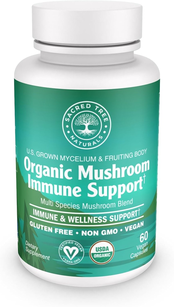 Organic Mushroom Immune Support Capsules, 9 Mushroom Blend for Immune Health & Wellness with Reishi, Lion's Mane, Cordyceps & More - 100% Pure, Non-GMO, Vegan