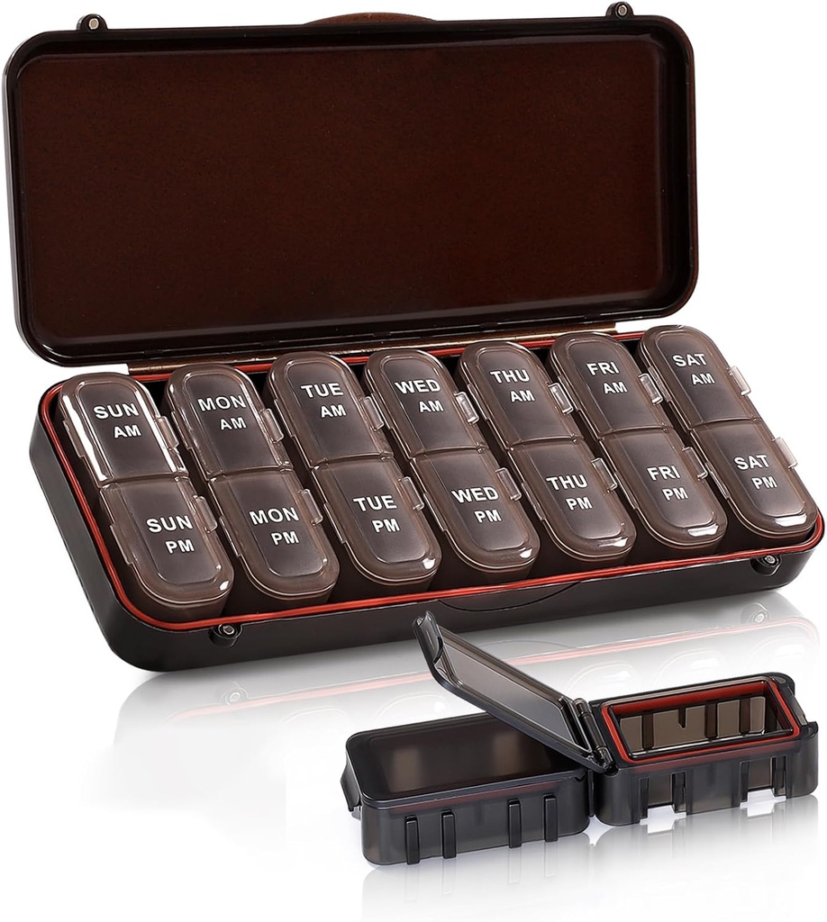 ピルオーガナイザー2日、ビタミン、魚油+2取り外し可能なキュートボックス(ブラウン)のための週1回旅行ケース