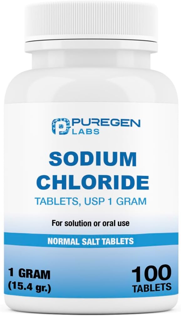 Puregen Labs Sodium Chloride Tablets 1 gm (1000 mg), USP | (15.4gr.) | 100 Count | Normal Salt Tablets | Made in USA | Electrolytes Replenisher Hydration Drink