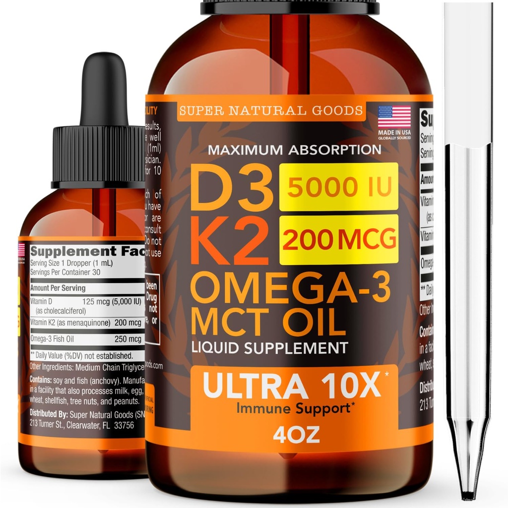 ビタミンD3 K2の液体は5000 IU (4oz)最高の強さのビタミンD、K、MCTオイル及びオメガ3骨、中心、接合箇所、筋肉サポート補足を落とします。 速い吸収の方式。 1つの複雑な方式の非GMOの4