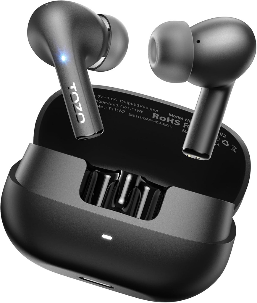 TOZO E2の強力な低音の無線E2のイヤフォン10mmの運転者、Appは2つのMicsのAIの呼出しの取り消し、30Hの再生時間、Bluetooth 5.3の耳の芽、慰めの適合の内部耳のヘッドフォンと32 EQsをカスタマイズします