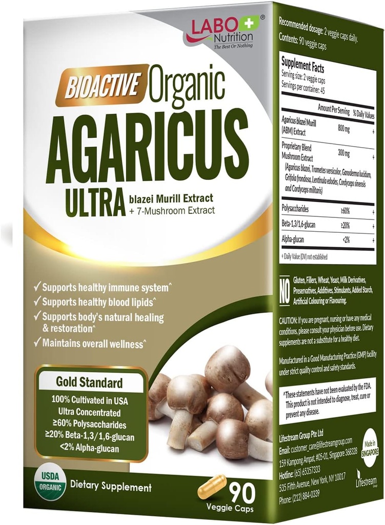 LABOの栄養の生物活動的な有機性Agaricusの超- 7のきのこのエキスの補足のAgaricus blazeiのMarillのコルディプス、Matake、トルコの尾、Lingzhi、高度の免疫サポートのためのShiitake、USDAの有機性