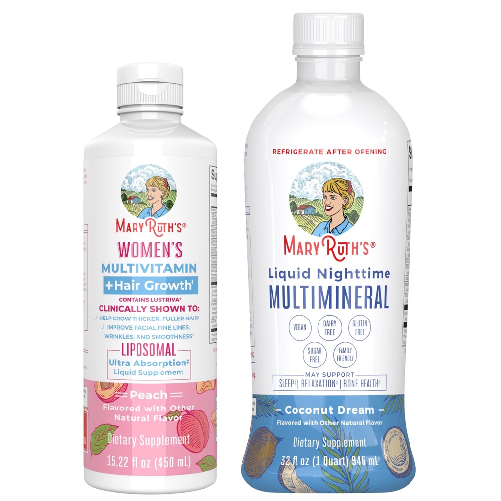 MaryRuth's Women's Multivitamin + Hair Growth Liposomal(ピーチ) & Liquid Nighttime Multimineral(ココナッツ、15oz) | Clean Label Project Verified® | ヴィーガン | ビューティー、就寝ルーチン、健康全般