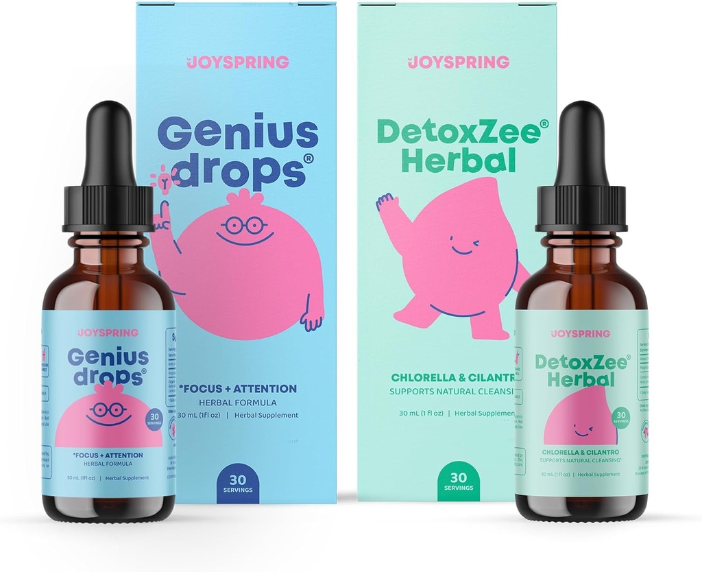 JoySpring Geniusドロップ&デトックスジーハーブバンドル | 天然由来のビタミン、非GMO、非アルコール液式、免疫健康サポート | ビーガン&ベジタリアンサプリメント