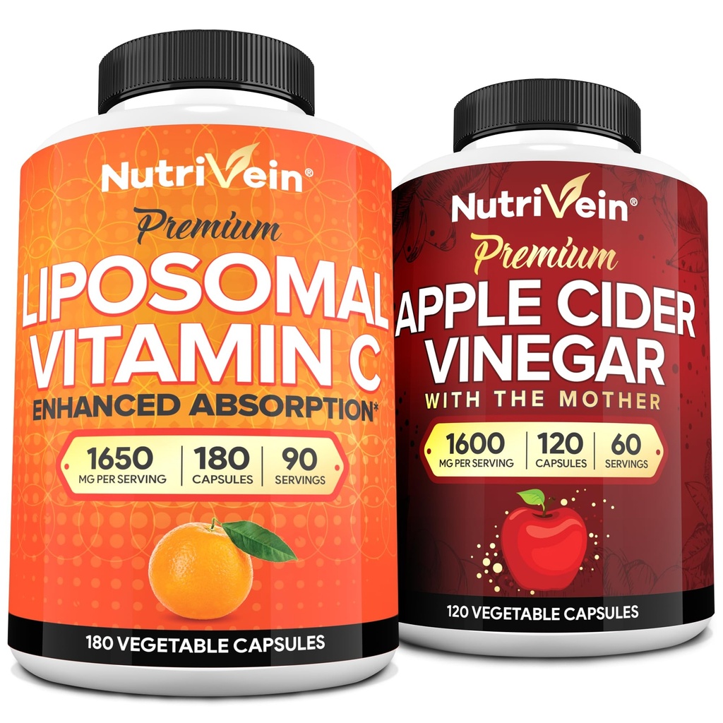 Nutriveinの優れたAppleのサイダーの酢カプセル及びLiposomalのビタミンCの補足の束:高吸収のビタミンCのカプセル及びAppleのサイダーの補足は免疫の防衛及び腸の健康のために束ねます