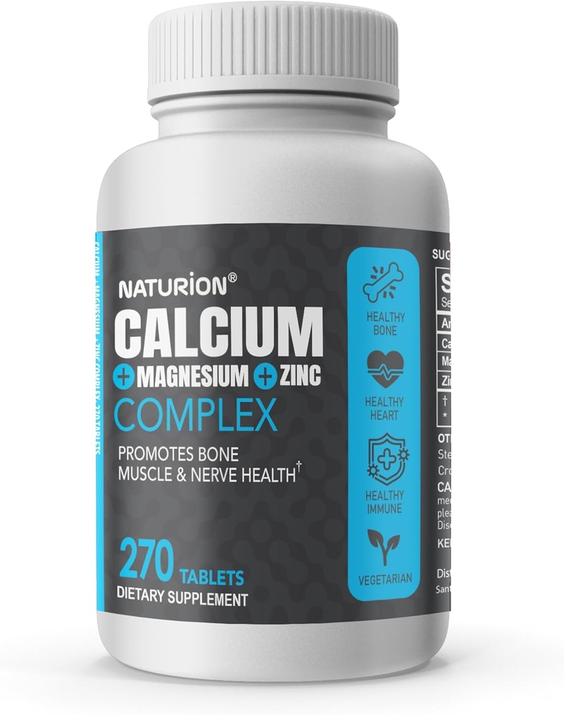 Calcium Magnesium Zinc Supplement - 3-in-1 Complex with 1000mg Calcium, 500mg Magnesium, 10mg Zinc - Bone, Muscle & Immune Support - 270 Tablets, 90 Day Supply