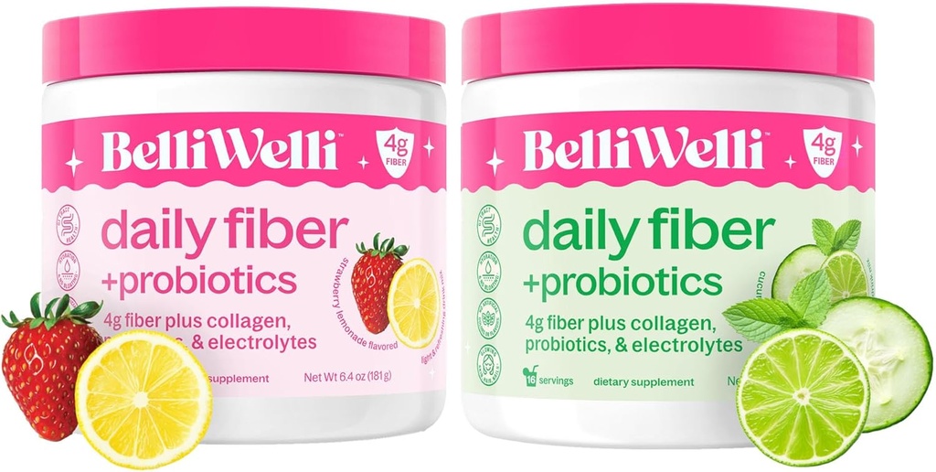 Belli Welli Daily Fiber Supplement Duo - Strawberry Lemonade & Cucumber Lime Mint - with Collagen, Probiotics & Electrolytes - Refreshing Flavors for Balanced Wellness - 32 Total Servings