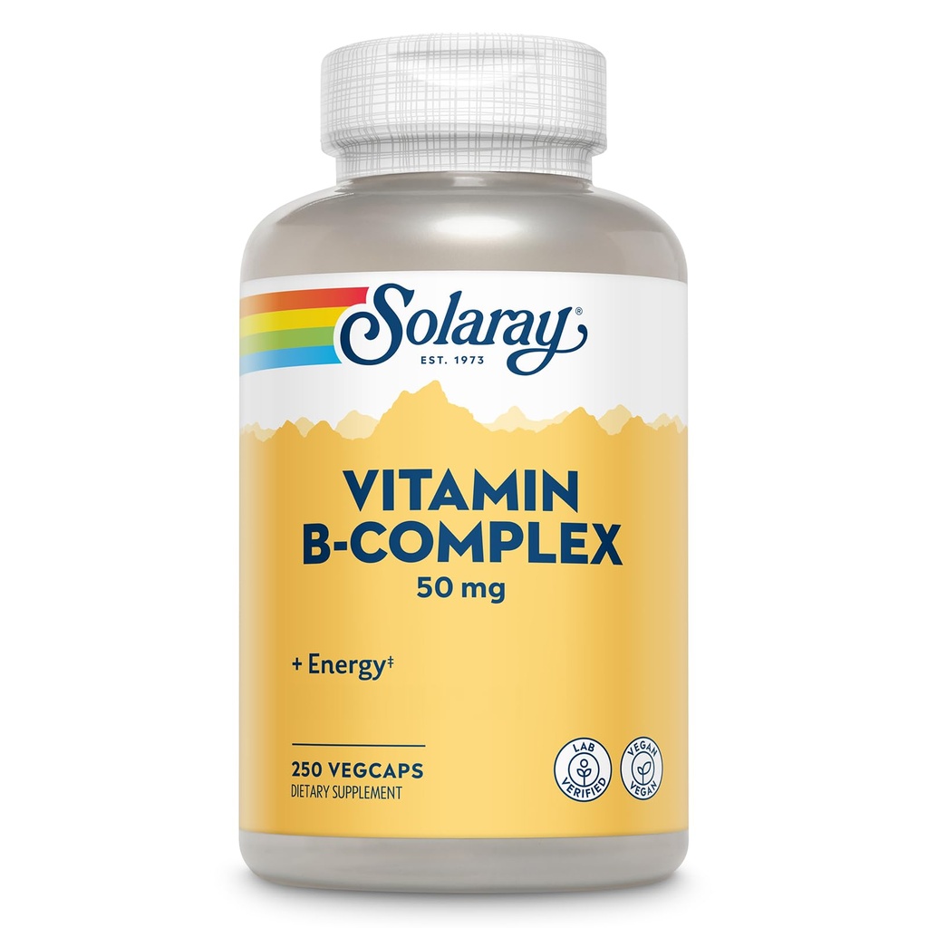 SOLARAYビタミンBコンプレックス50mg - 細胞エネルギービタミン - ビタミンB12、ビタミンB1、B6、ナイアシン、葉酸、ビオチンおよび他のBビタミン - ビーガン、250ベジキャップ