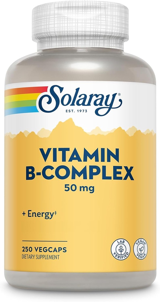 SOLARAYビタミンBコンプレックス50mg - 細胞エネルギービタミン - ビタミンB12、ビタミンB1、B6、ナイアシン、葉酸、ビオチンおよび他のBビタミン - ビーガン、250ベジキャップ