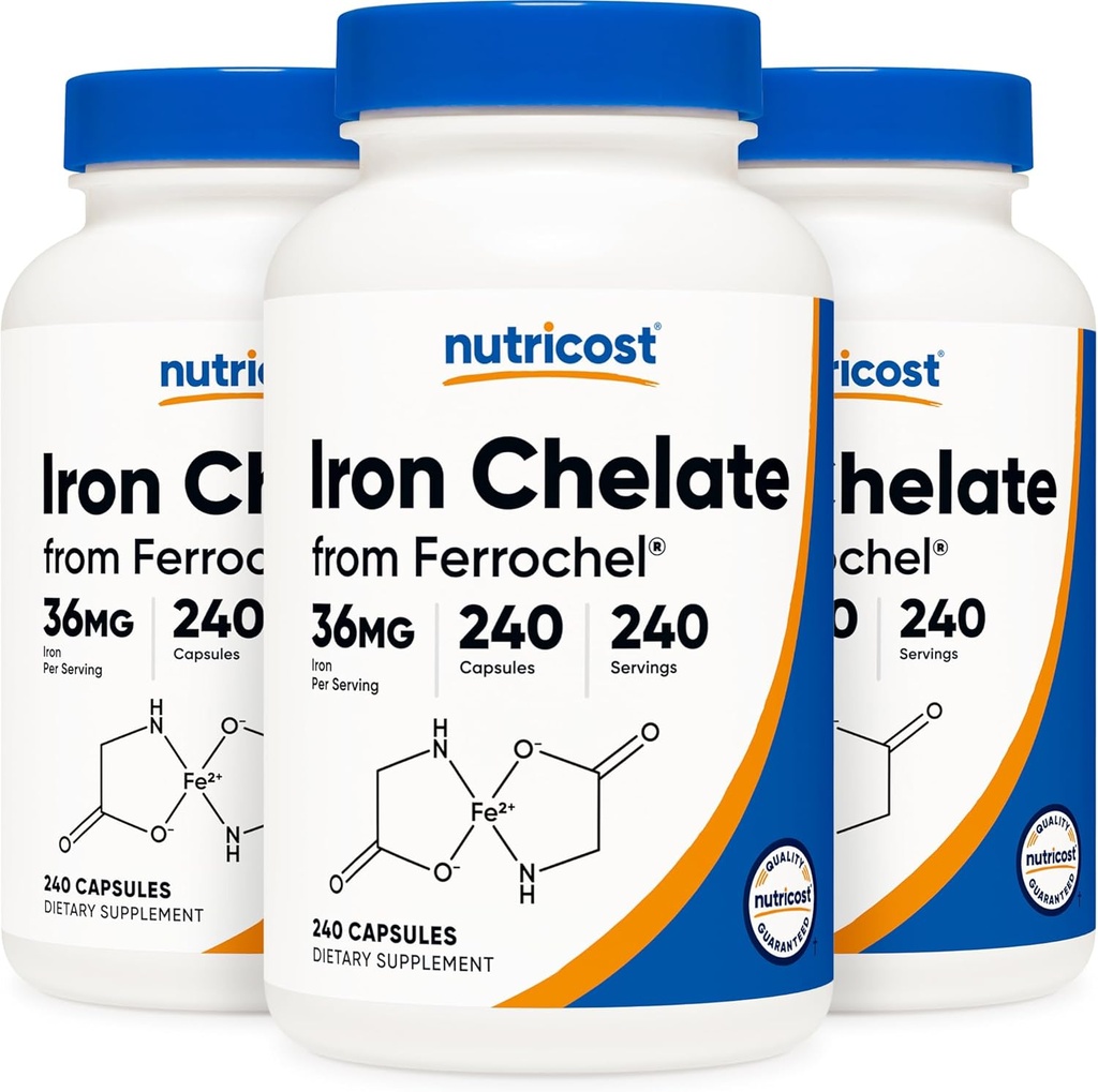 Nutricostは、フェロッシェル、36mg、240カプセル(3本のボトル)として鉄をケレート