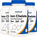 Nutricostは、フェロッシェル、36mg、240カプセル(3本のボトル)として鉄をケレート