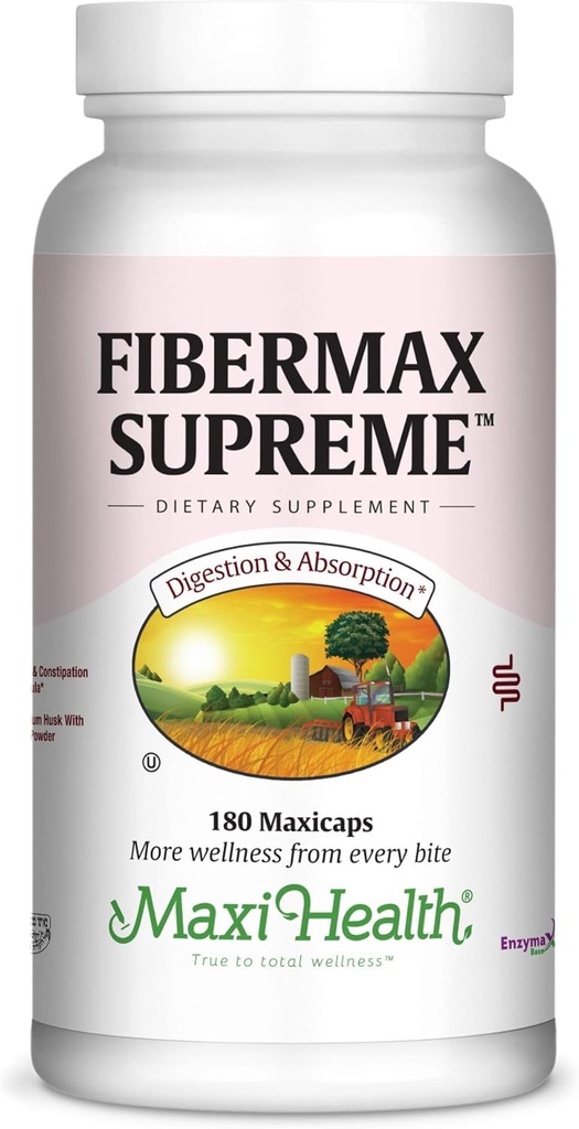 Maxi Health Fibermax Supreme – Fiber Capsules for Gentle Digestive and Gut Support – Vegetarian Psyllium Husk Capsules – Kosher Fiber Supplement for Men and Women (180 Count)