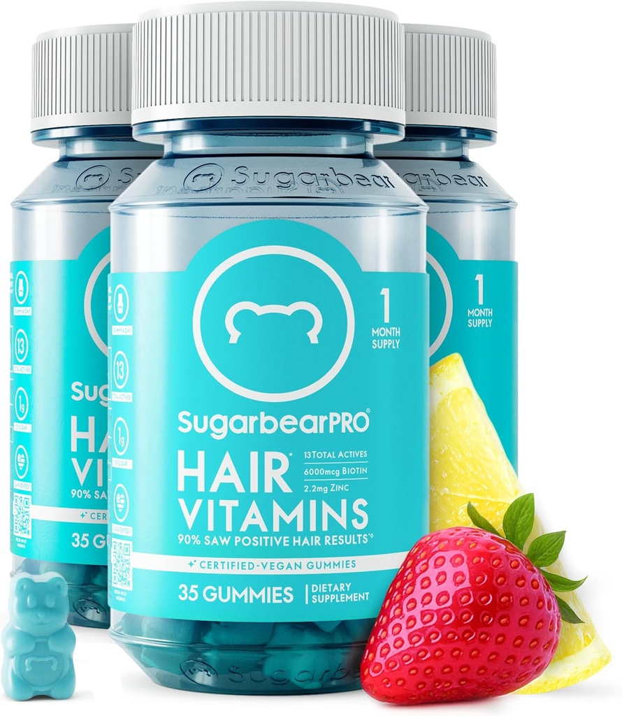 SugarBearProの毛のビタミンのGummy 3か月の供給の余分強さのBiotin 6000mcg、人及び女性のための成長、ビーガン ビタミンB12、MSM、Inositol、Omega 3、Elderberryの証明されたコザー、ハラール、無水