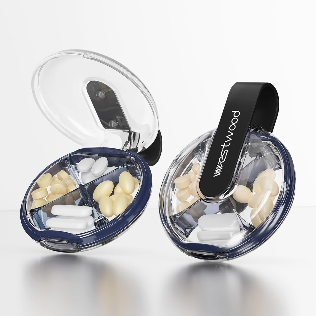 小さなピルケース、財布&ポケットのためのかわいいピルボックス、 4 コンパートメント取り外し可能なピルホルダー、ビタミン、サプリメント、魚油(黒)のためのポータブルトラベルピルオーガナイザー