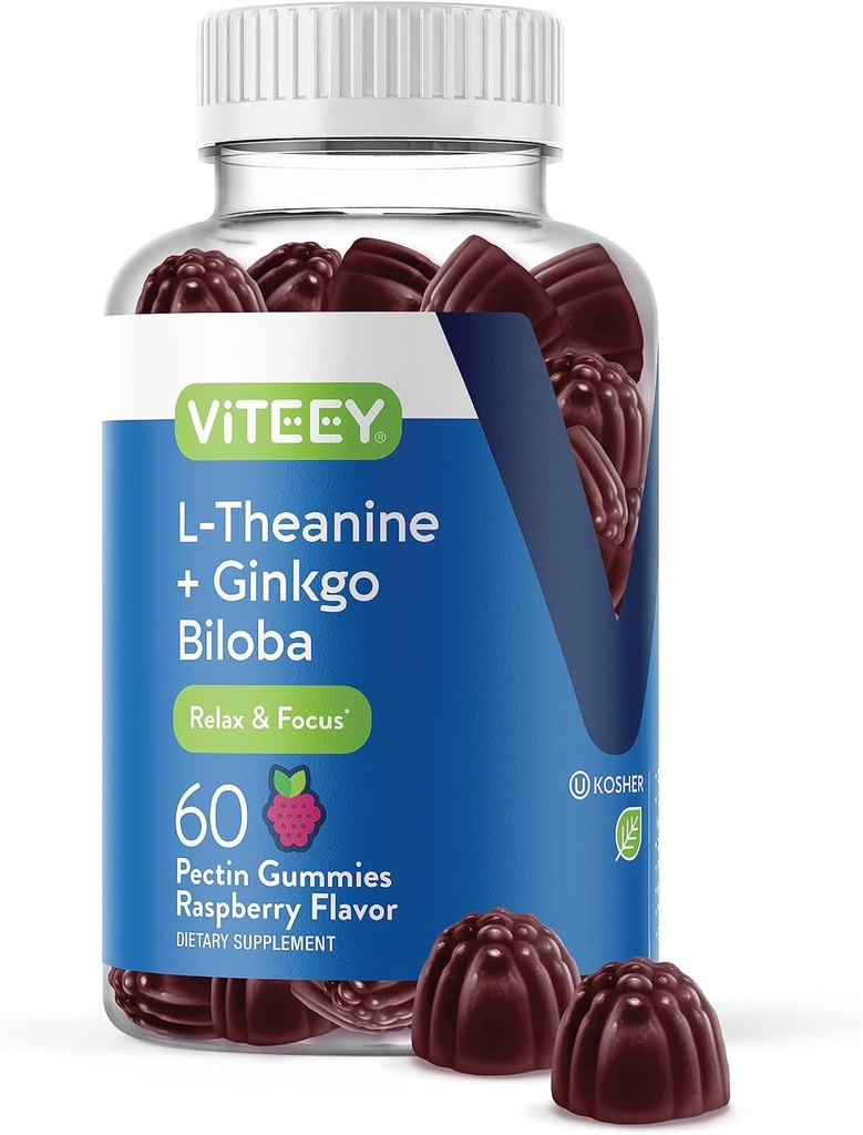 Viteey L-Theanine Gummies with Ginkgo Biloba for Adults - Aids in Focus & Relax, Improve Mood - Non GMO, ゼラチンフリー, 完全菜食主義者の, グルテンフリー, 自然に由来するChewable Tasty Raspberry Flavored Gummy