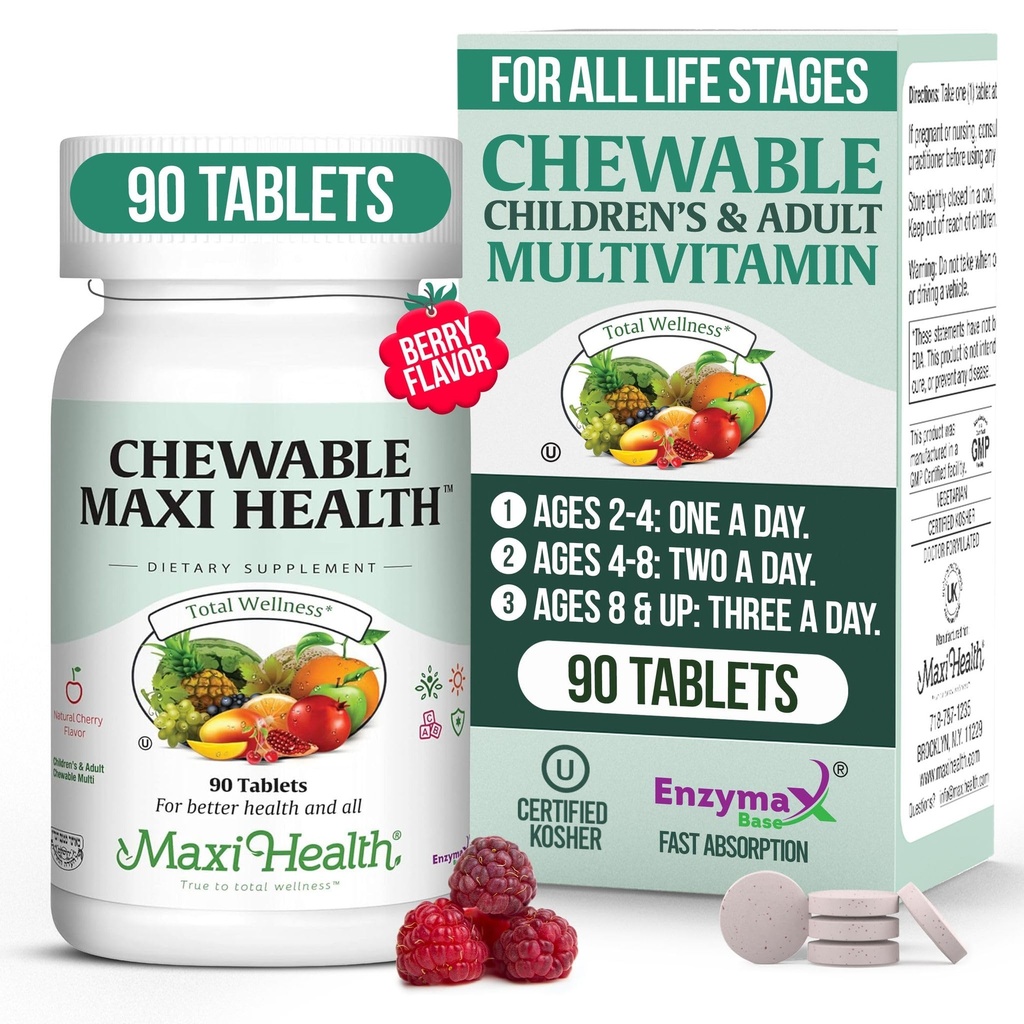 子供のためのMaxiの健康のChewable Multivitamin, 十代の若者たちと大人 - 大人と子供のためのチェリーのChewableビタミン - Kosherキッズマルチビタミン+アイアン(90錠)