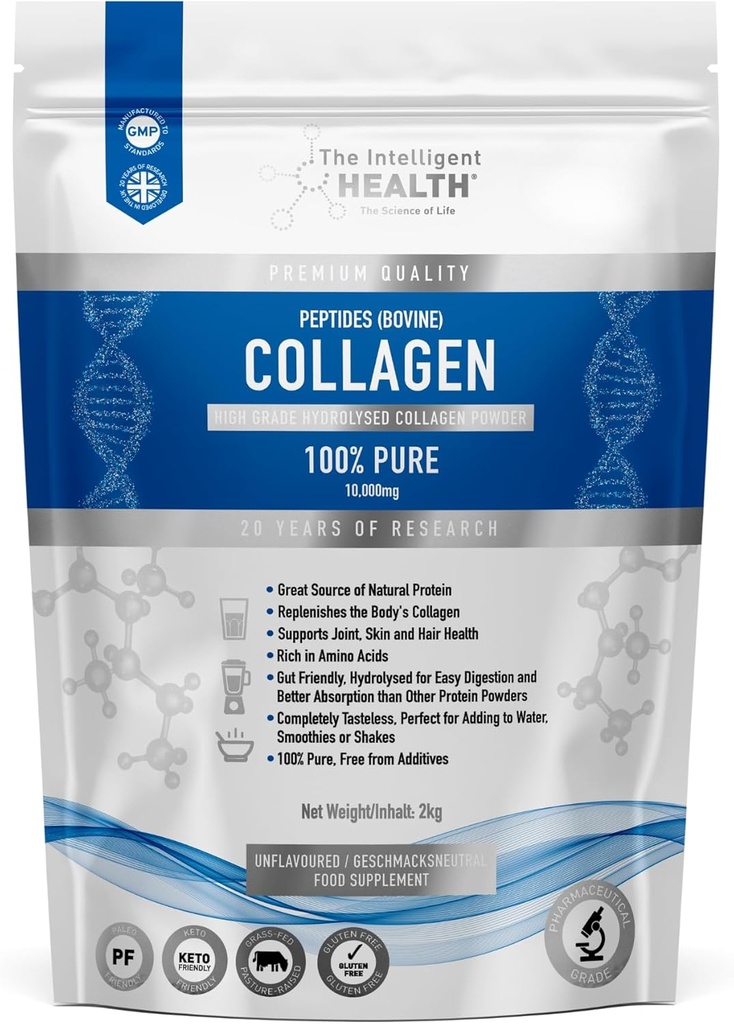 The Intelligent Health Hydrolyzed Collagen Peptides Powder, Grass Fed, High Protein, Unflavored, Gluten-Free, Paleo & Keto Friendly, 10g per Serving (2kg) Supports Skin, Hair, Nails, Joints, & Bones