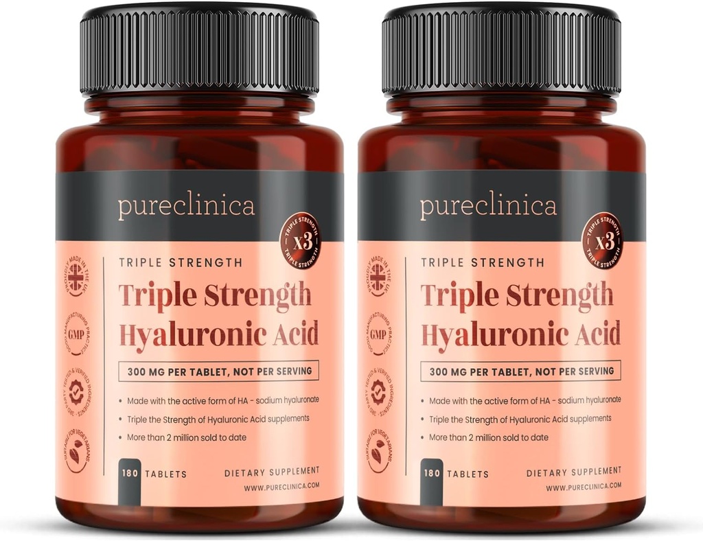 Pureclinica Hyaluronic酸300mg x 360のタブレット(供給180-12か月の2本のびん)。 トリプル強度ヒアルロン酸酸。 他のHLAのタブレットより300%強く。