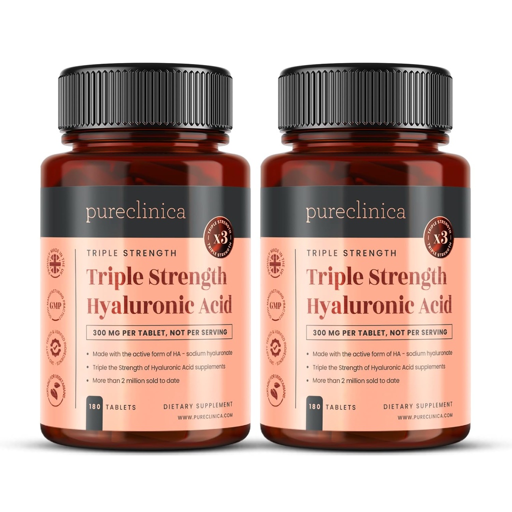 Pureclinica Hyaluronic酸300mg x 360のタブレット(供給180-12か月の2本のびん)。 トリプル強度ヒアルロン酸酸。 他のHLAのタブレットより300%強く。