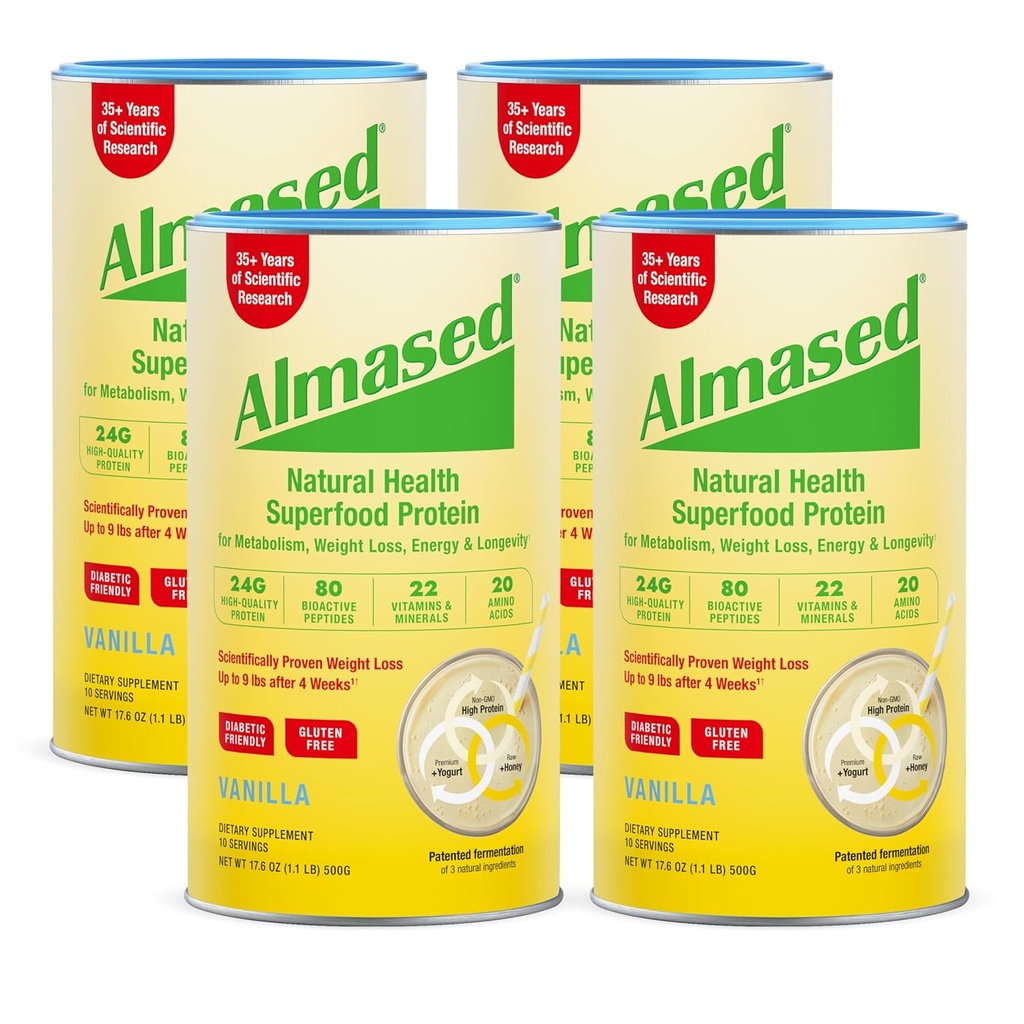 Almasedバニラミール交換シェイク - 低血糖高プラントベースプロテインパウダー栄養体重健康サポートサプリメント - バニラフレーバー - 17.6オンス(1.1ポンド(4パック)