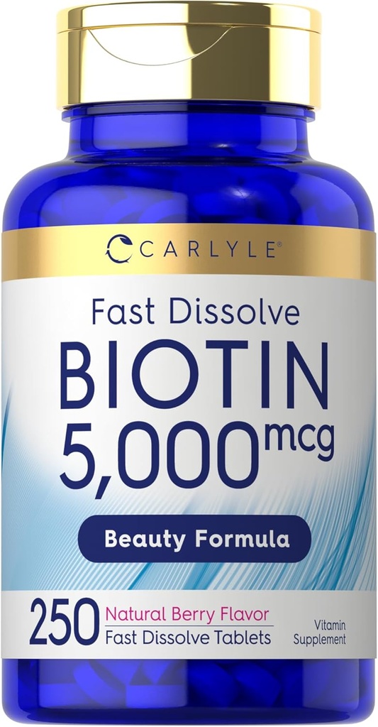 Carlyle Biotin 5000mcg | 250 速い分解のタブレット | ベジタリアン・非GMOのグルテンフリーの補足