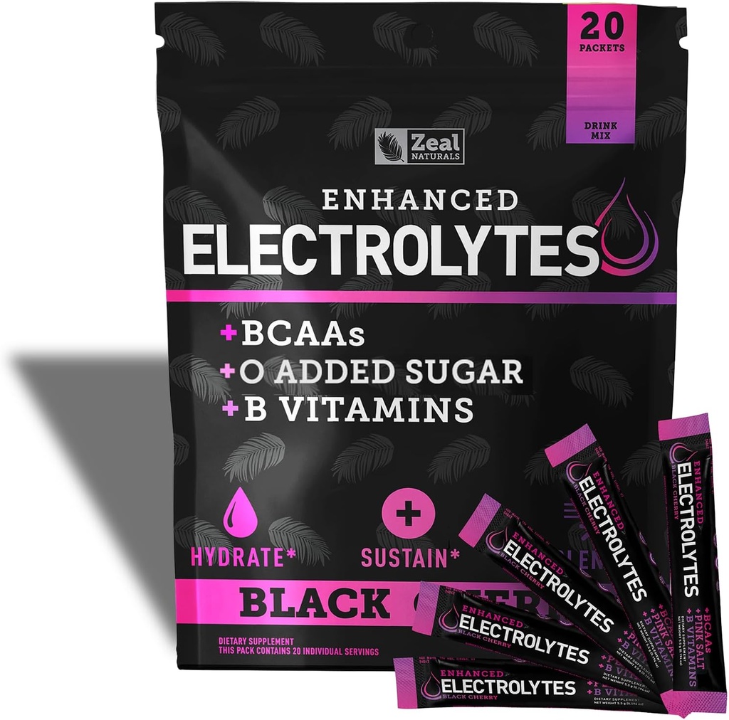 高められた電解質の粉の棒のパック(黒のチェリー  20のパケット) w/0 砂糖 +BCAAs +B-Vitamins の電解物の補足の w のカリウム 亜鉛及び水和のためのマグネシウム - Keto の電解質