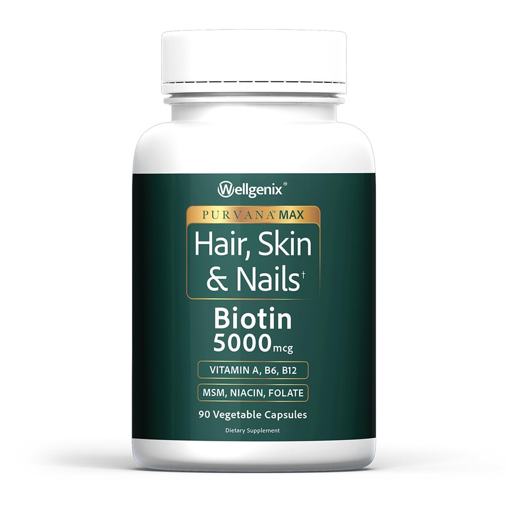 WellgenixのPurvanaの最高の毛、皮及び釘のビタミン:高められた毛の成長のためのBiotin 5000mcg、女性及び人のための毛損失の防止、ビーガン、ポストのPartum及びPCOS、90の計算、1のパック