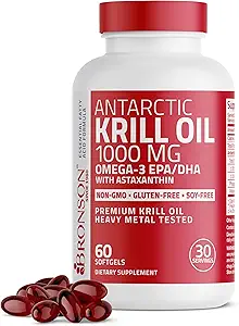 BronsonのOmega-3s EPA、DHA、AstaxanthinおよびPhospholipids 60のSoftgelsのAntarctic Krillオイル1000のmg