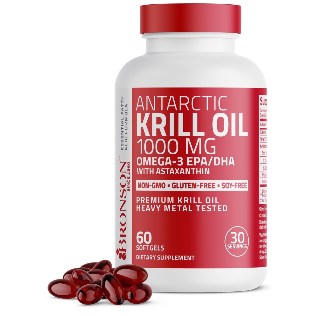 BronsonのOmega-3s EPA、DHA、AstaxanthinおよびPhospholipids 60のSoftgelsのAntarctic Krillオイル1000のmg