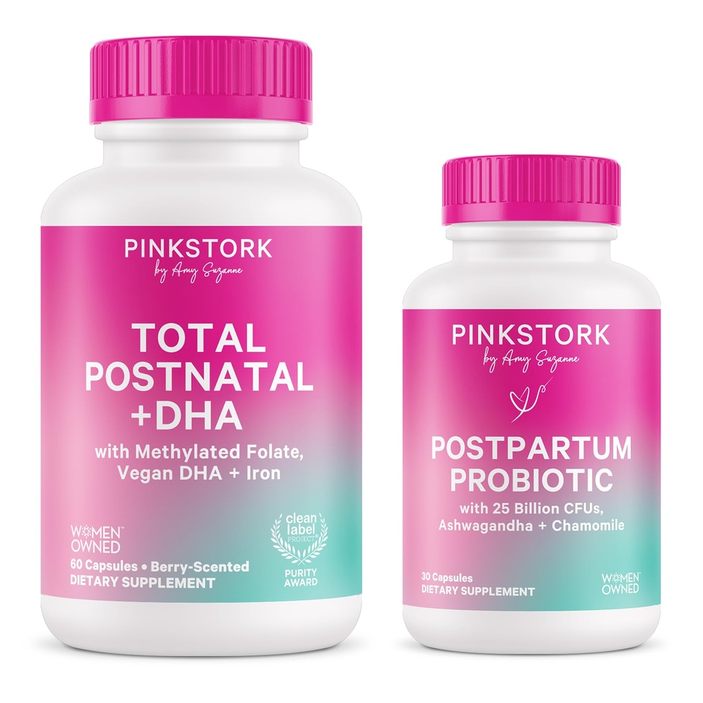 ピンクのストーク ポストナタル マルチビタミン + ビーガン DHA とプロバイオティクス, Ashwagandha, 鉄, Folate, B12 - サポート ホルモン バランス, 産後の回復, 腸の健康, & 消化 - パック 2