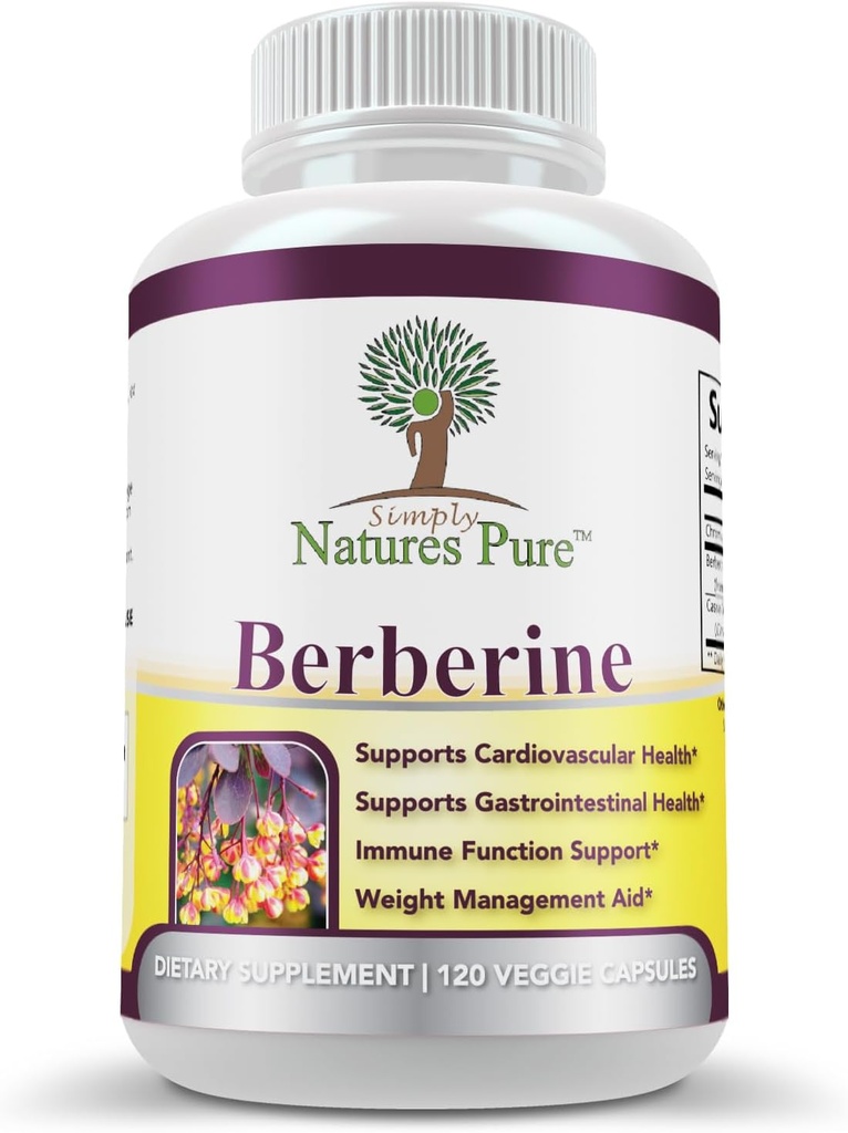 Simply Natures Pure Premium Berberine HCl 500mg - 120 Capsules - Cardiovascular Gastrointestinal Immune Support - Chromium Cinnamon