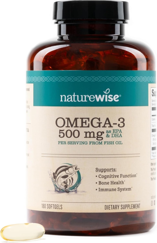 NatureWiseオメガ3魚油 - ピルあたり500mg - EPA&DHA - 免疫サポート、脳の健康と最適ウェルネス - グルテンフリー、非GMO - 180Softgels[6ヶ月の供給]