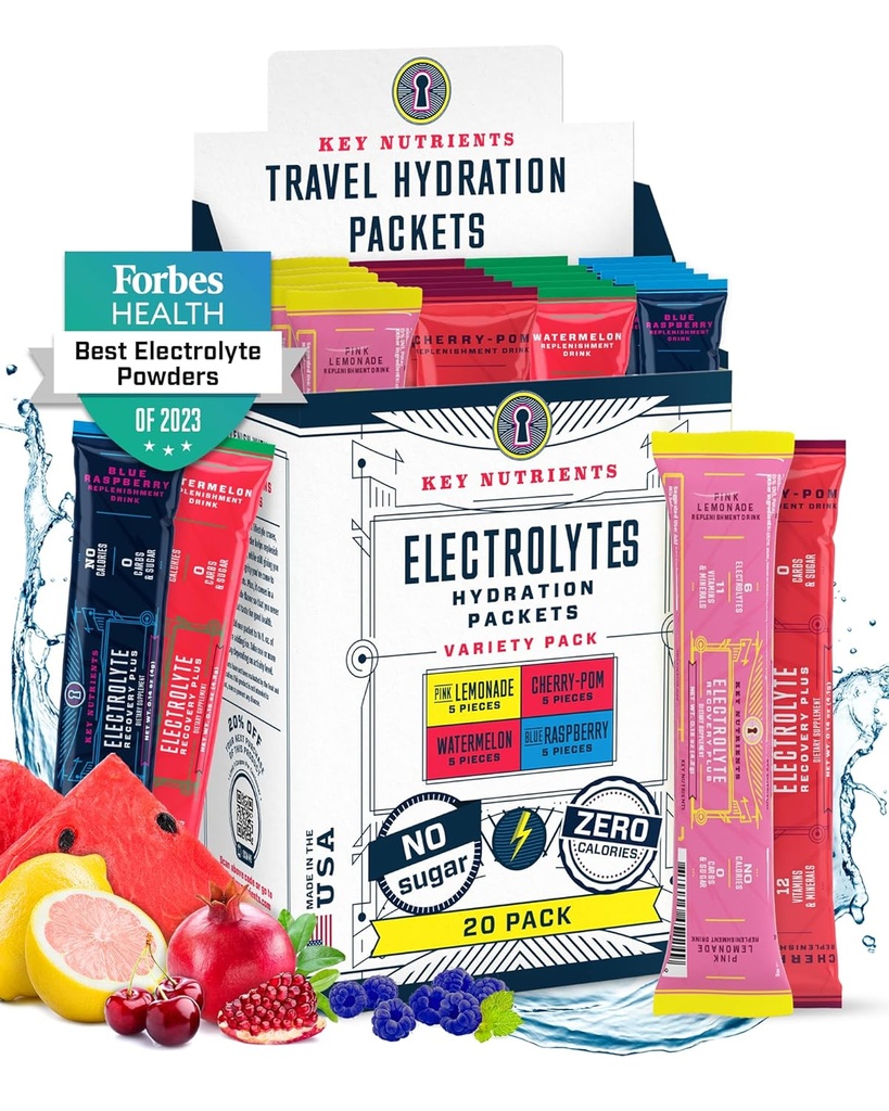 KEY NUTRIENTS Electrolytes Powder Packets No Sugar - 4 Delicious Flavors in Hydration Packets 20 Pack - No Calories, Gluten Free Electrolytes Powder Packets - Keto Friendly, Non GMO, Made in USA